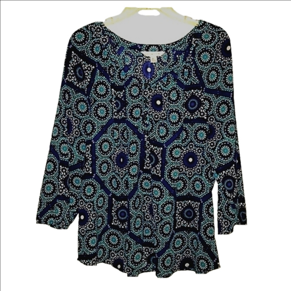 croft & barrow Navy and Teal Printed Long-Sleeve Blouse